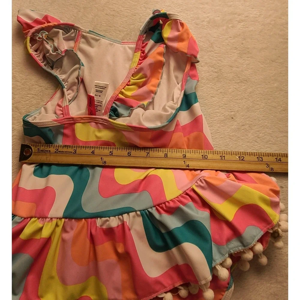 Betsey Johnson Girls XL 14 Sequin Unicorn One Piece Swimsuit Retro Wavy Pom Pom